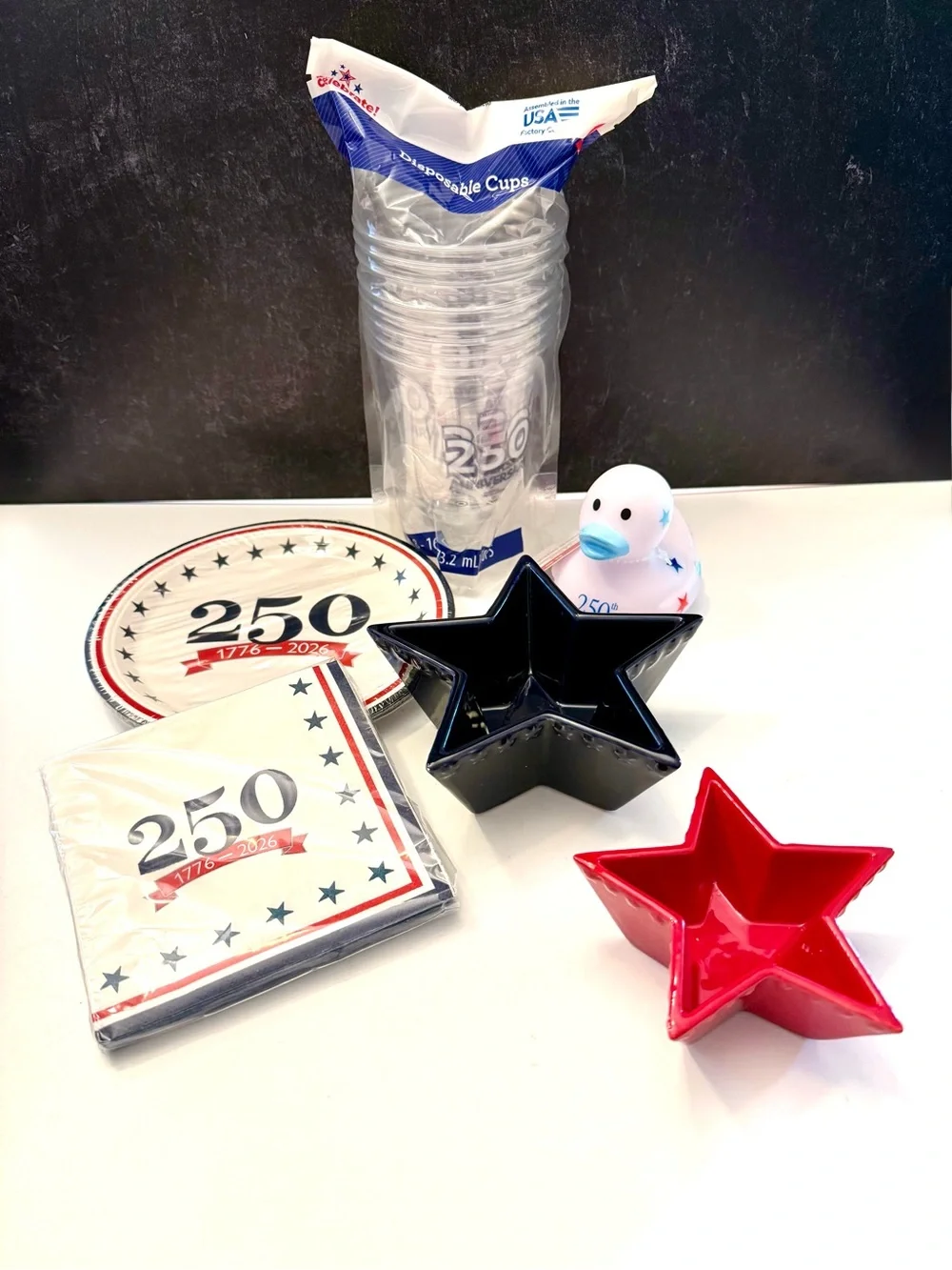 Celebrate 250 years Red & Blue Star Serving Bowls with Patriotic Plates & Cups